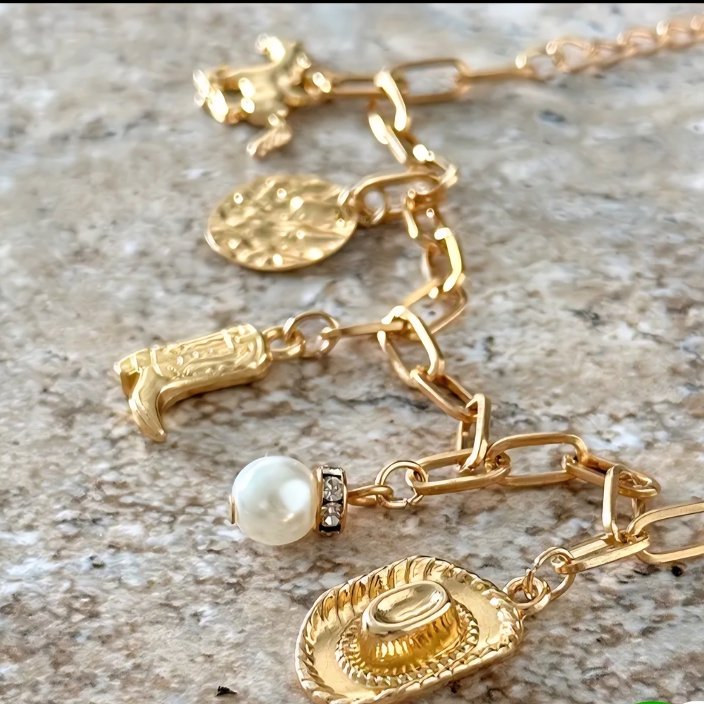 Gold Charm Bracelet with Pearl and Western  Cowboy Hat Accents